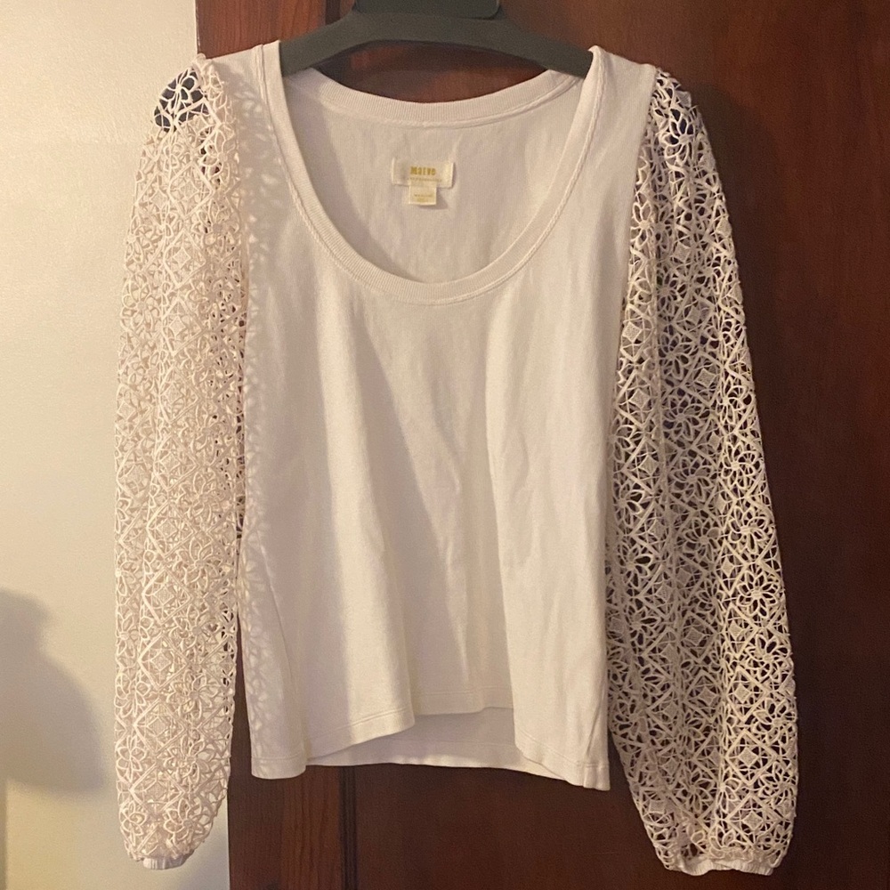 Anthropologie White Blouse with Lace Sleeves